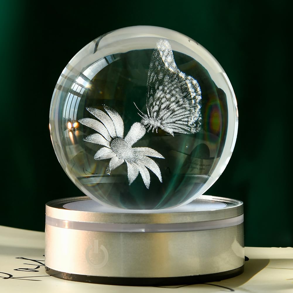 IFOLAINA 3D Crystal Ball Etched Butterfly Decor Night Light for Home Decor - Unique Gift for Her