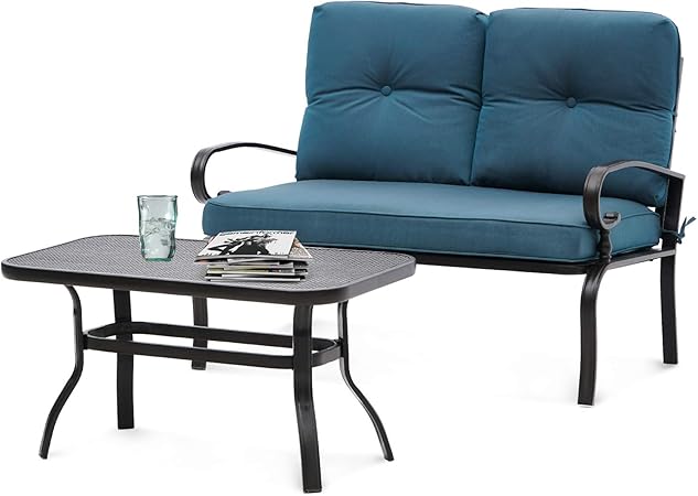 Amazon Com Solaura Loveseat Set Patio Outdoor Furniture 2 Piece Wrought Iron Frame Peacock Blue Cushions Bench Sofa With Coffee Table Garden Outdoor