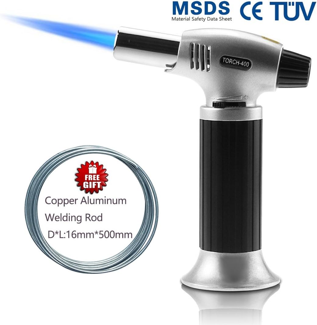Culinary Torch, FIFILARY Kitchen Chef Blow Torch, Welding Torch, Refillable Adjustable Butane Flame Lighter with Safety Lock for Creme Brulee, French Foie Gras, BBQ, Grilled Food, Ignition, Pipe Thaw, Welding, Camping, MSDS, CE, TÜV Certified, 2018 Upgraded(Copper Aluminum Welding Rod as Free Gift)
