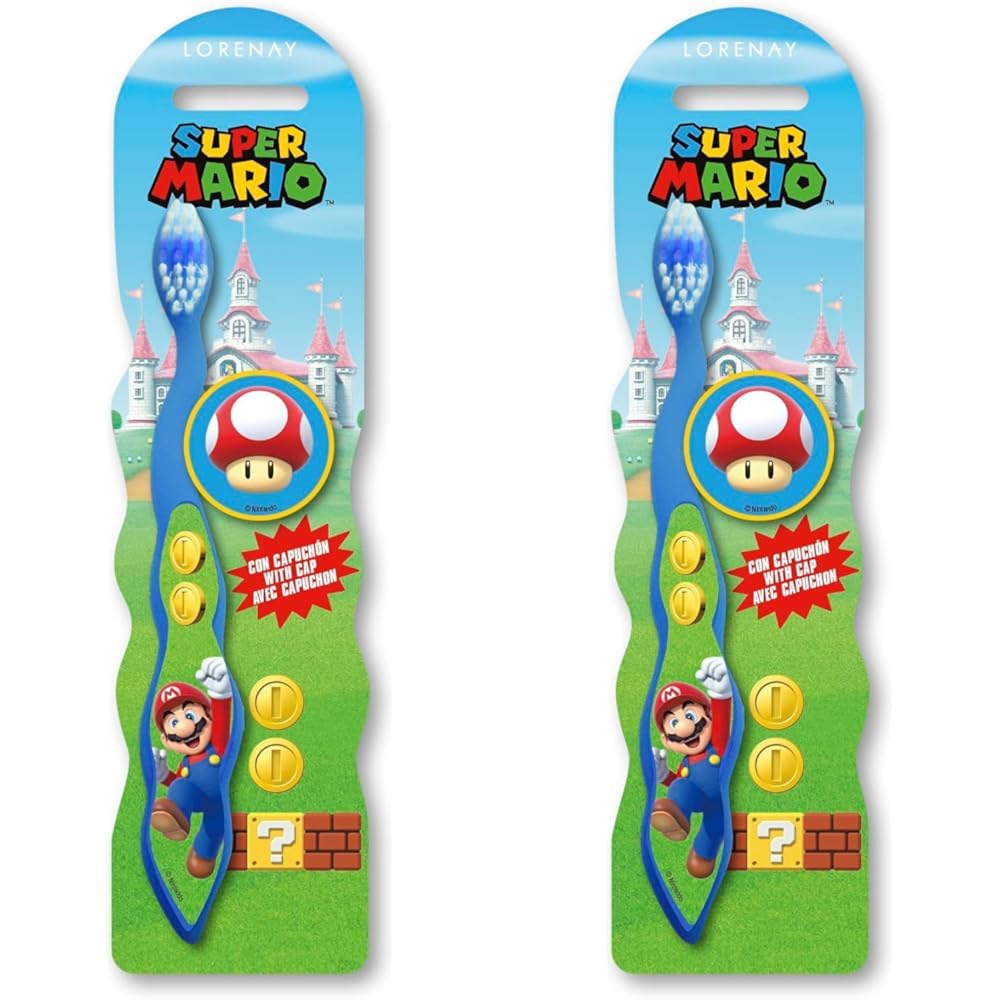 Super Mario Kids Toothbrush with Protection Cap, Comfortable Handle and Soft Bristles for Ages 3+ (Pack of 2)