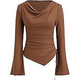 CIDER Long Sleeve Tops for Women Trendy Cowl Neck Asymmetrical Hem Ruched Going Out Tops Spring Fall Fashion