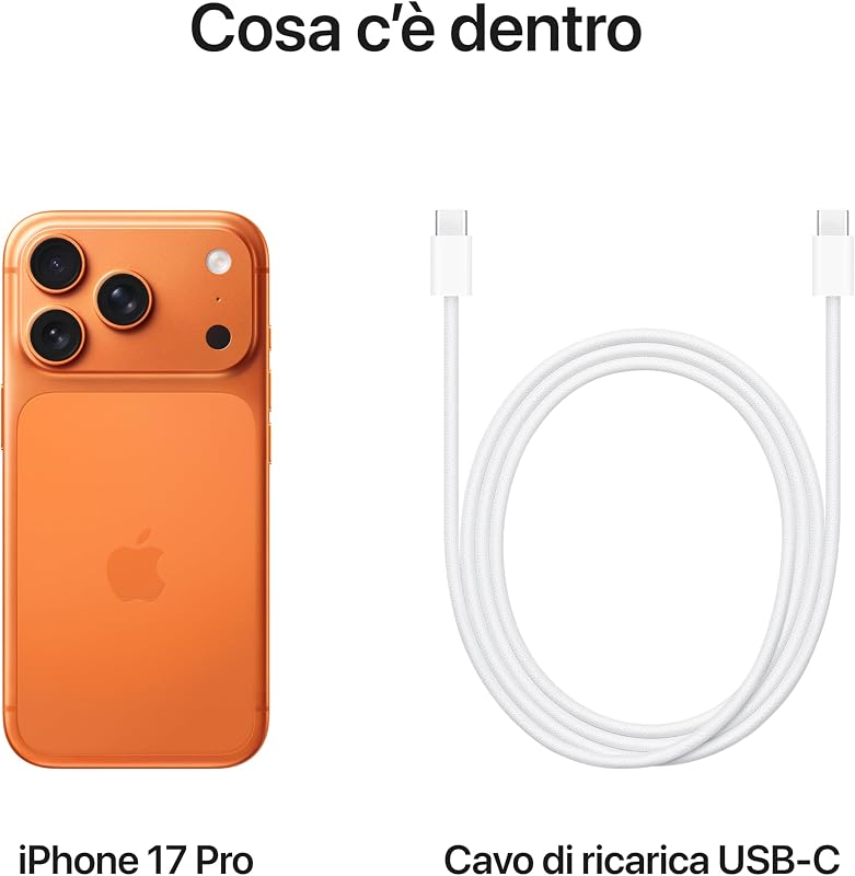 iPhone 17 Pro 256 GB: display 6,3", ProMotion fino a 120Hz, chip A19 Pro, autonomia senza precedenti, sistema di fotocamere Pro Fusion con fotocamera frontale Center Stage; Arancione cosmico