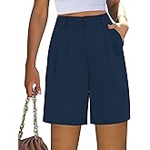 luvamia Bermuda Shorts for Women Dressy Casual High Waisted Summer Work Elastic Waist Pleated Dress Shorts with Pockets