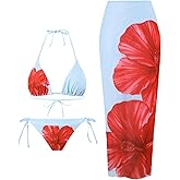 SHENHE Women's 3 Piece Cheetah Bikini Set Floral Triangle Halter String Swimsuits with Cove Up