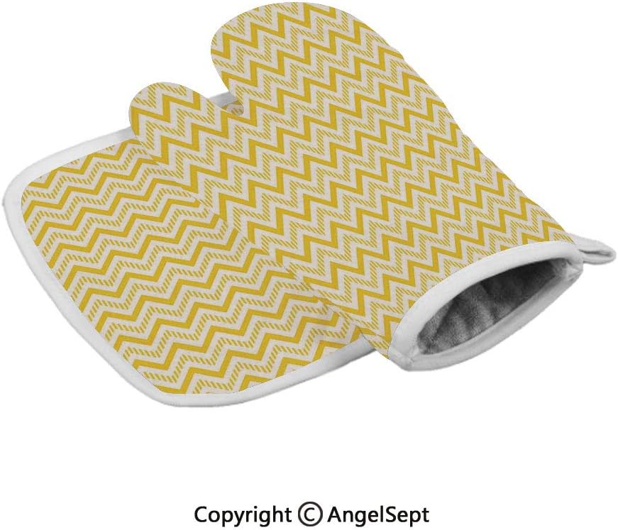 Chevron Abstract Zig Zag Pattern Striped Cool Geometric 90s Style Art,Durable Oven Gloves Heat Resistant,White and Yellow,Insulated Gloves+Insulated Square Mat Combination