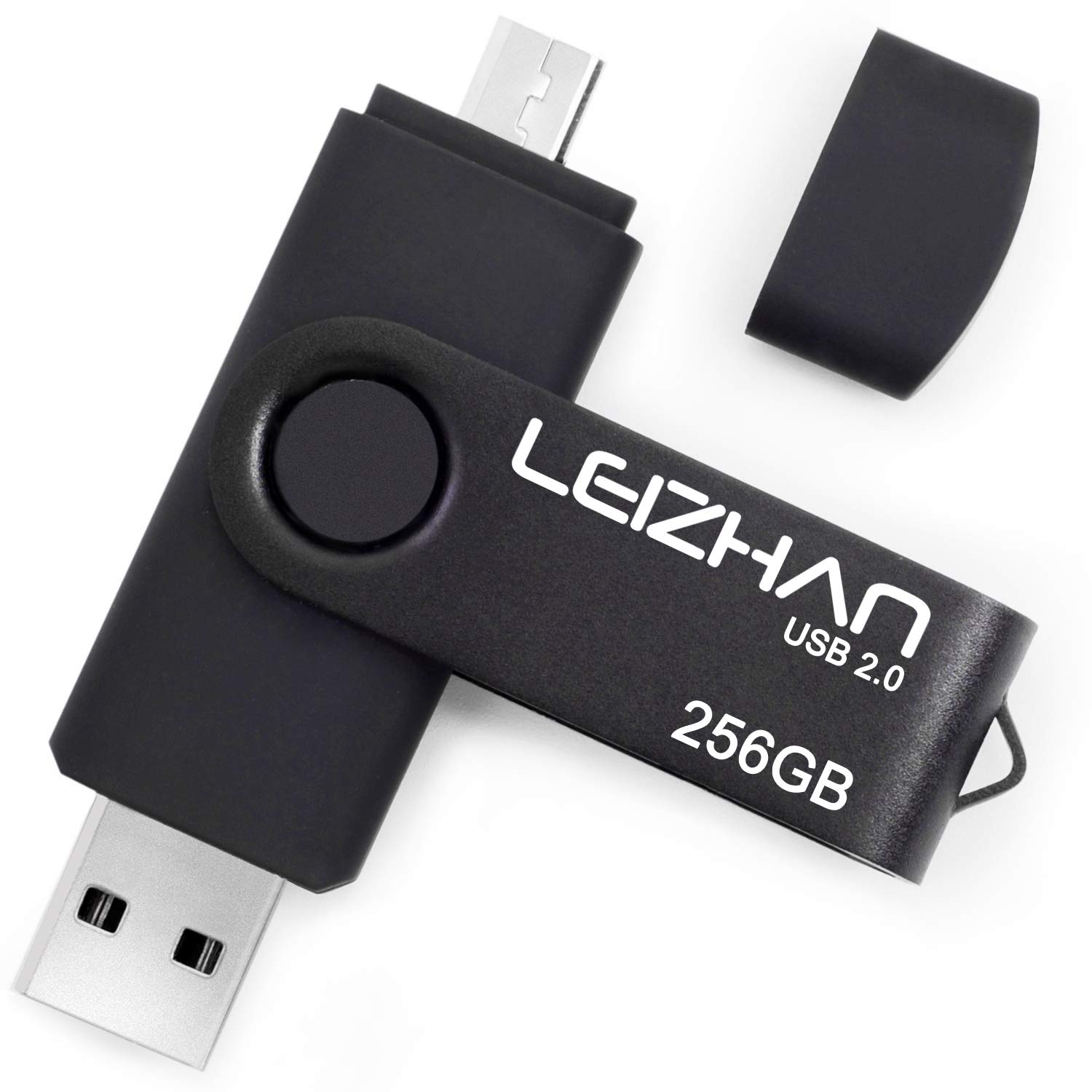 LEIZHAN 256GB Memory Stick USB Dual Port(USB 2.0 & Micro USB) Rotabable Pen Drive 2 in 1 USB flash Drive for Android Smartphones & Tablets & Laptops PC (Black)