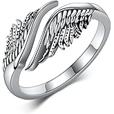 AXOMY Angel Wing Ring 925 Sterling Silver Feather/Wings/Miscarriage Moonstone Adjustable Spoon Open Ring Memorial Christian Religious Jewelry Gifts for Women Mom Grandma