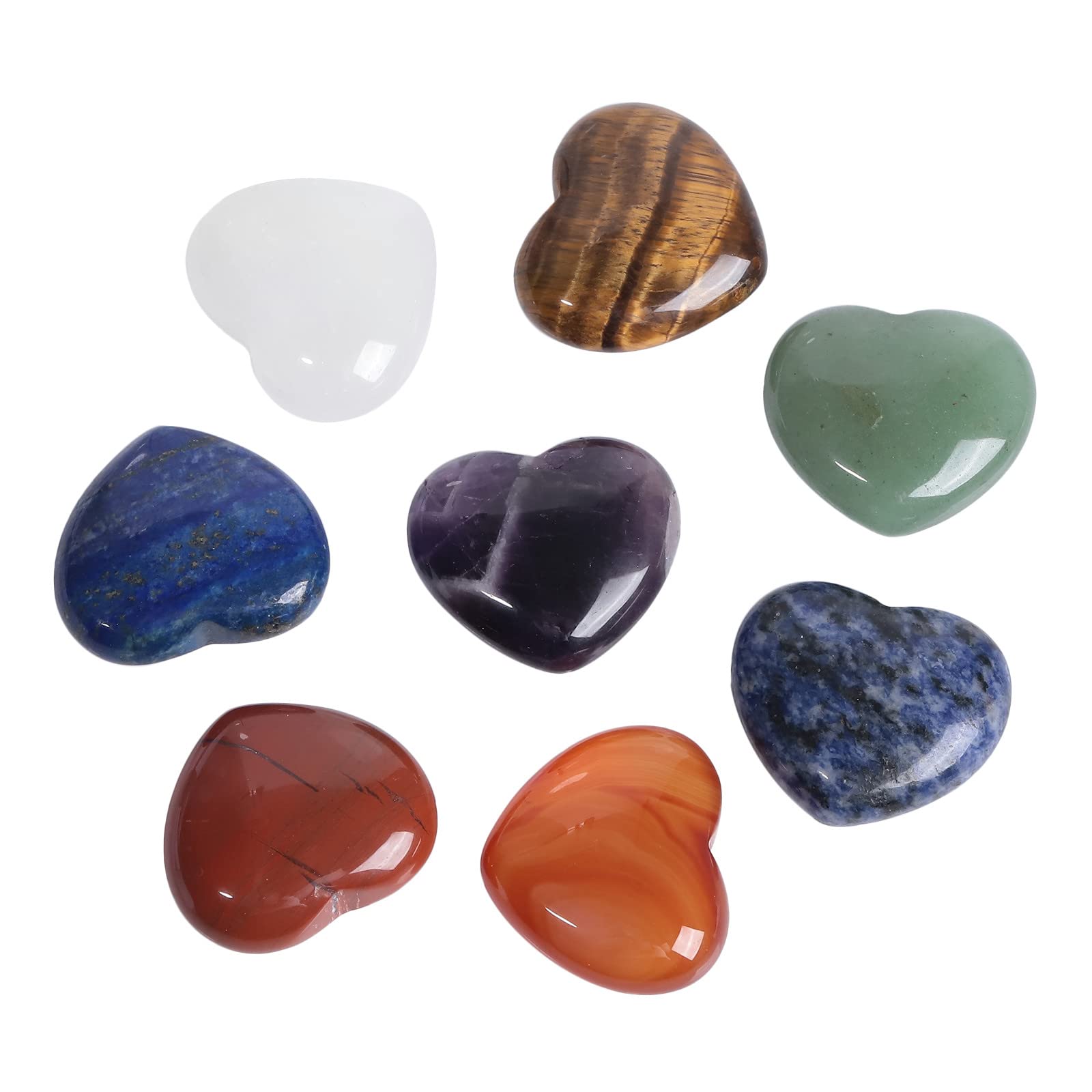 mookaitedecor 8PCS Love Heart Chakra Worry Stones for Anxiety Healing Crystal Gifts Set, Crystals Puff Palm Pocket Natural Semi Precious Stone for Reiki Yoga Meditation