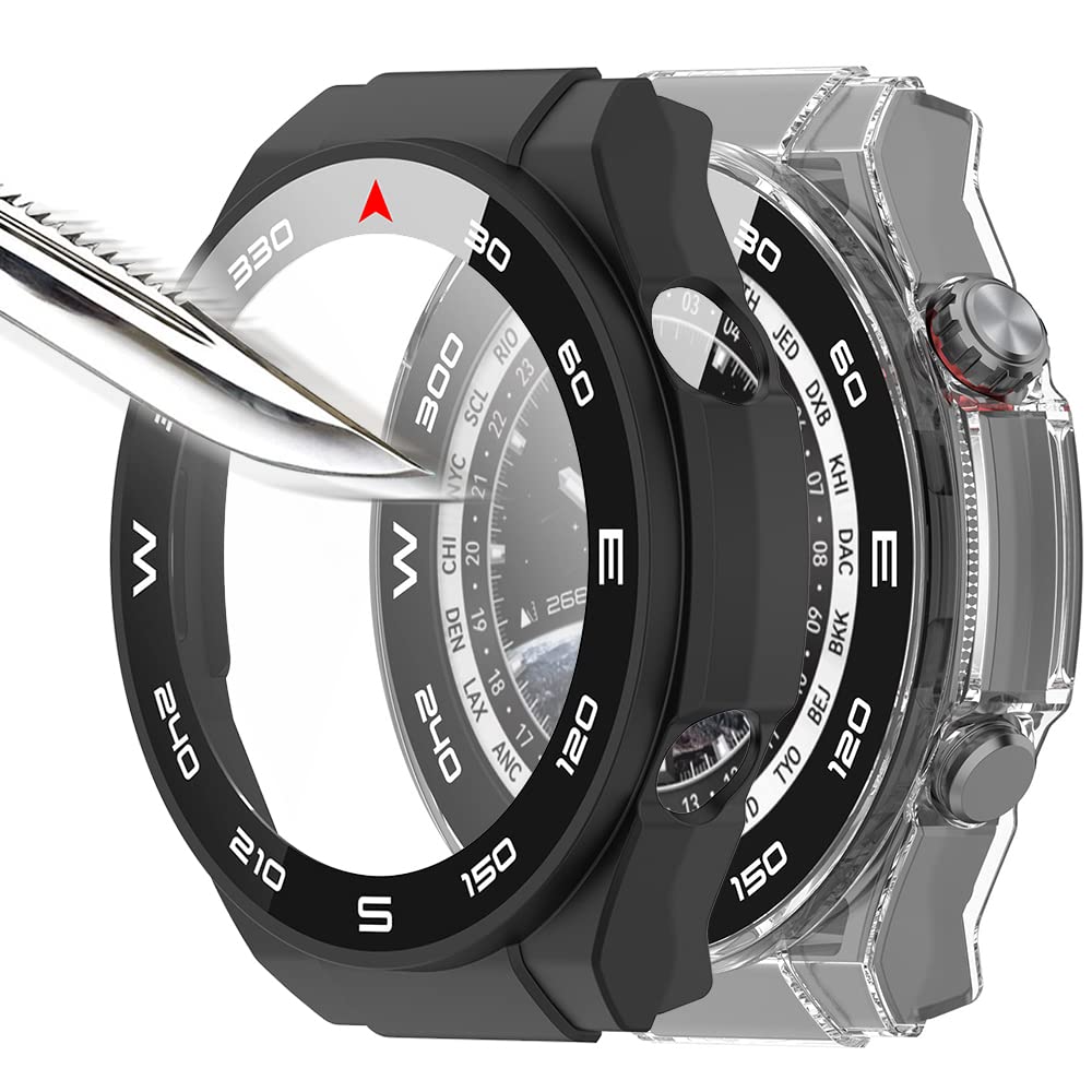 Msiall Tempered Glass Screen Protector Protective Case Compatible with Huawei Watch Ultimate, Hard PC All-Round Screen Protector Ultra Thin Bubble-Free Against Scratches - Transparent Black