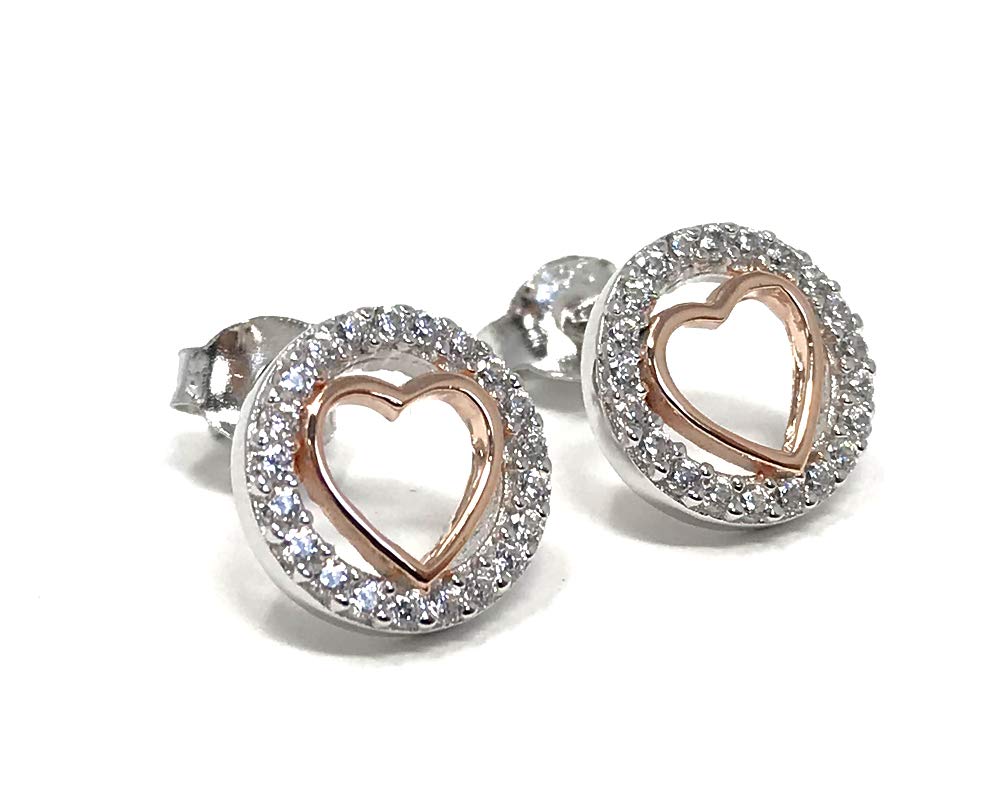 Sterling Silver Studs with Rose Gold-Plated Heart in Cubic Zirconia Circle