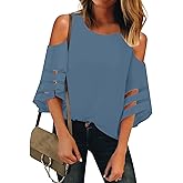LookbookStore Women's Cold Shoulder Loose Shirt Tops 3/4 Bell Mesh Sleeve Blouse