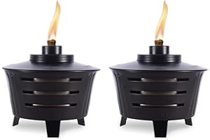 TIKI Mini Fire Pit Tabletop Torch 2-Pack, Outdoor Decorative TIKI Torch for Patio, Backyard, and Garden, Black Metal Tabletop Flame Torch, Includes Long Lasting Wick and Snuffer