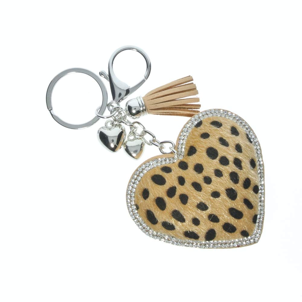 J & J LONDON Diamante Leopard Print Fur Heart Keyring/Bag Charm Bling Glitter Key Buckle Gifts for Women Girl (Light Brown)