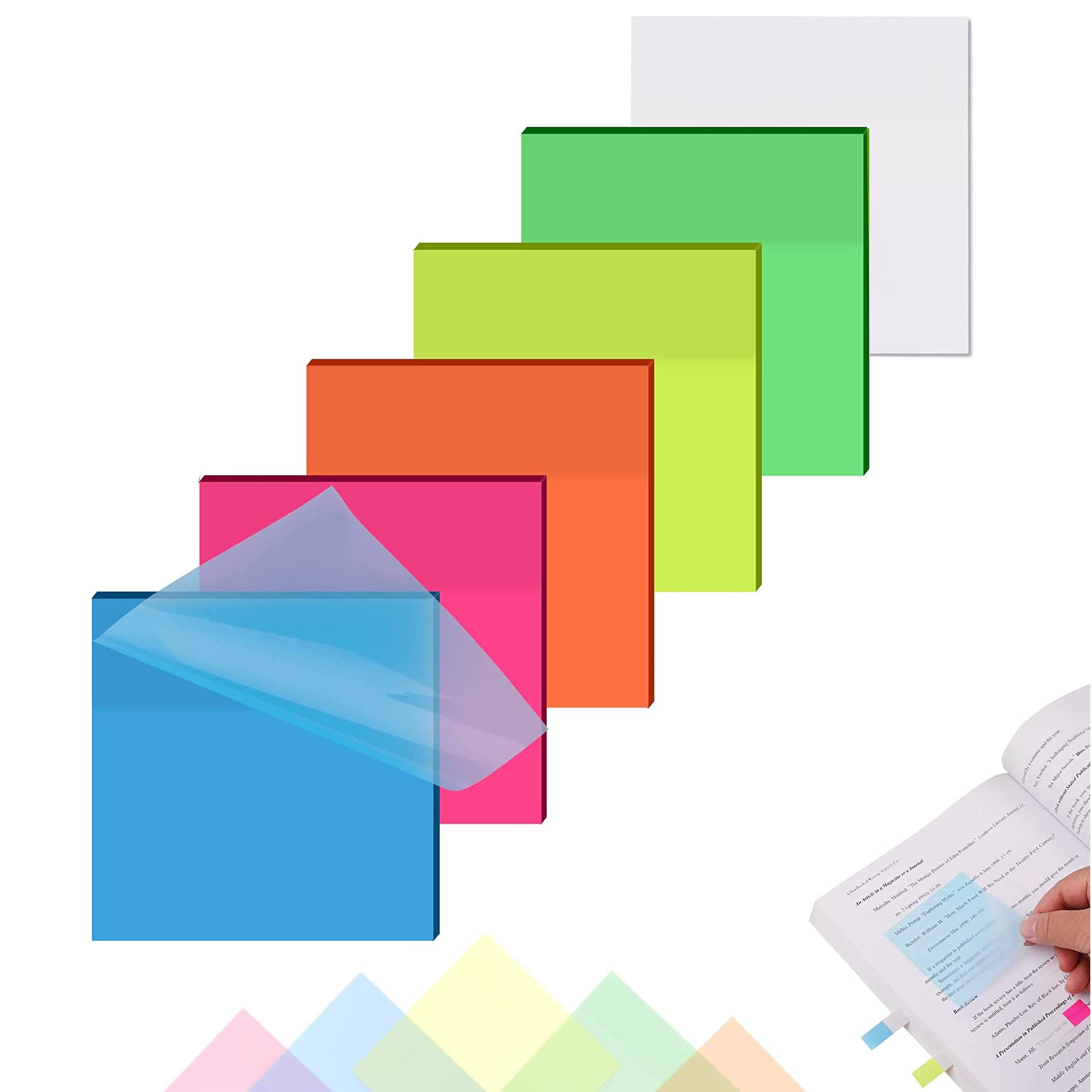 Transparent Sticky Notes Colorful Sticky Note Pads Translucent Clear Self-Stick Notes Waterproof Memo, 3 x 3 inches (6 Pads 6 Colors)