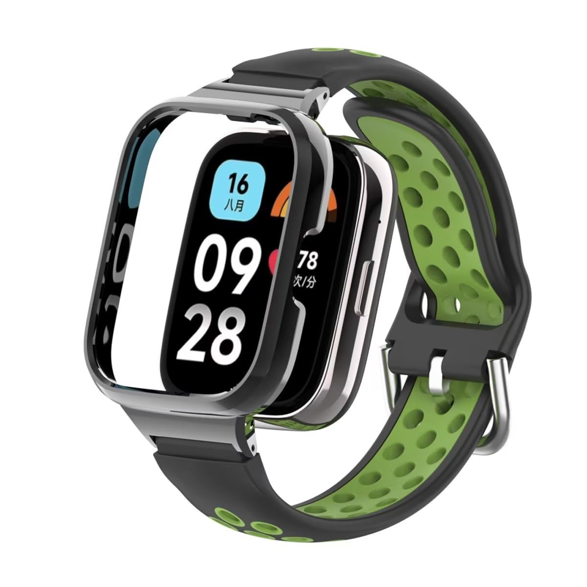 T-BLUER Strap Compatible with Xiaomi Redmi Watch 3 Active,Silicone Breathable two-color Watch Band Stainless Steel Metal Protective Frame Bracelet Accessories for Redmi Watch 3 Active Black Green