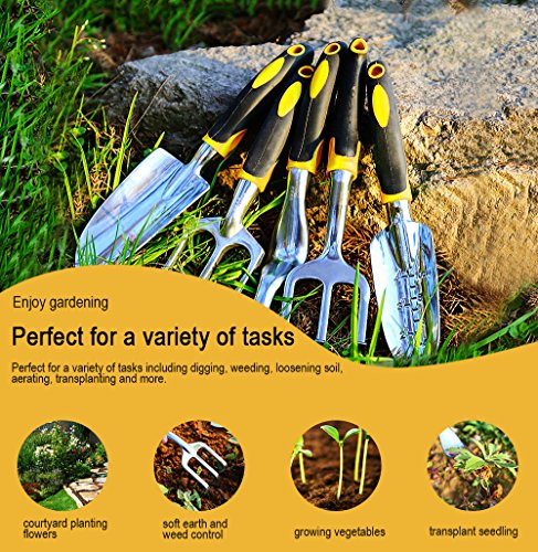 Anpress 5 Piece Gardening Tools Set Including Trowel, Transplanter, Cultivator, Weeder, Weeding Fork, Garden Tools with Heavy Duty Cast-Aluminum Heads & Ergonomic Handles