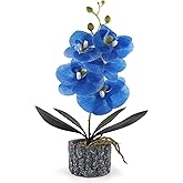 ginojex Artificial Orchid with Cement Vase Fake Phalaenopsis Flower Arrangement Faux Plants for Party Exhibition Center Home Decoration(Blue Tall 15")