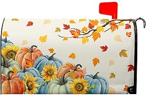 Kcozydecor Fall Thanksgiving Mailbox Covers Magnetic Standard Size 18"" X 21"",Orange Blue Pumpkin Maple Leaf Sunflower Mailbox Wraps Post Letter Box Cover for Holiday Garden Yard Decor