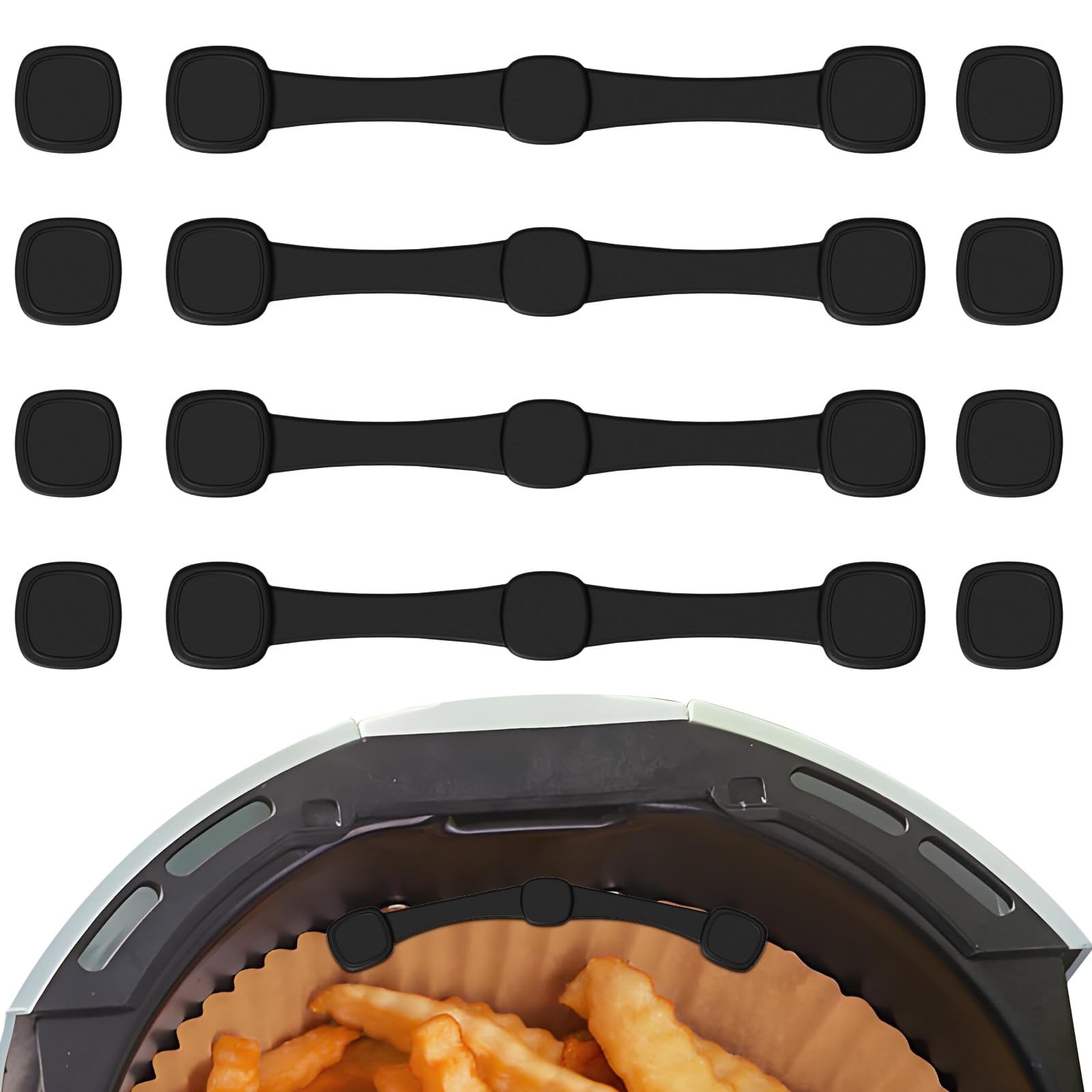 VEGCOO 12 Pcs Magnete für Airfryer Backpapier, Magnetische Silikonschnallen Set für Heißluftfritteuse, Verhindert Papierverbrennungen, Kompatibel mit Ninja, Philips, Cosori (Schwarz)