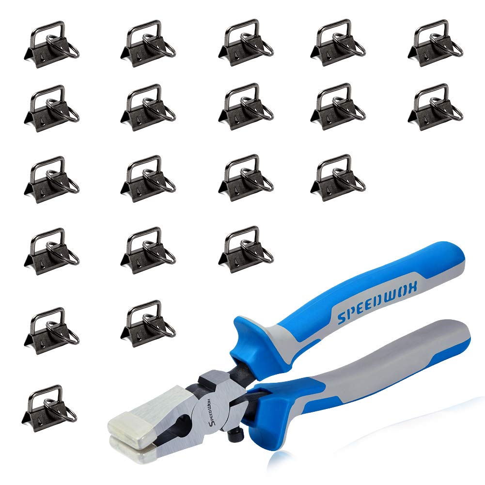 SPEEDWOX Key Fob Pliers and 20 Sets 1" Key Fob Hardware with Keychain Split Rings Webbing Fabric Strapping Wristlet Set Antique Black Glass Breaking Pliers Tools with Rubber Tips