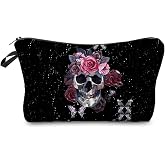 Livel lhood Floral Skull Cosmetic Bag for Women | Pink Rose Skull Pattern Zipper Pouch, Halloween Present for Friends, Gothic Theme Makeup Bag