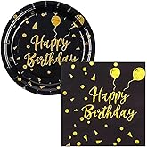 Happy Birthday Plates and Napkins Party Supplies, 16pcs Plates and 20pcs Napkins Birthday Party Tableware Decorations for Women Black and Gold