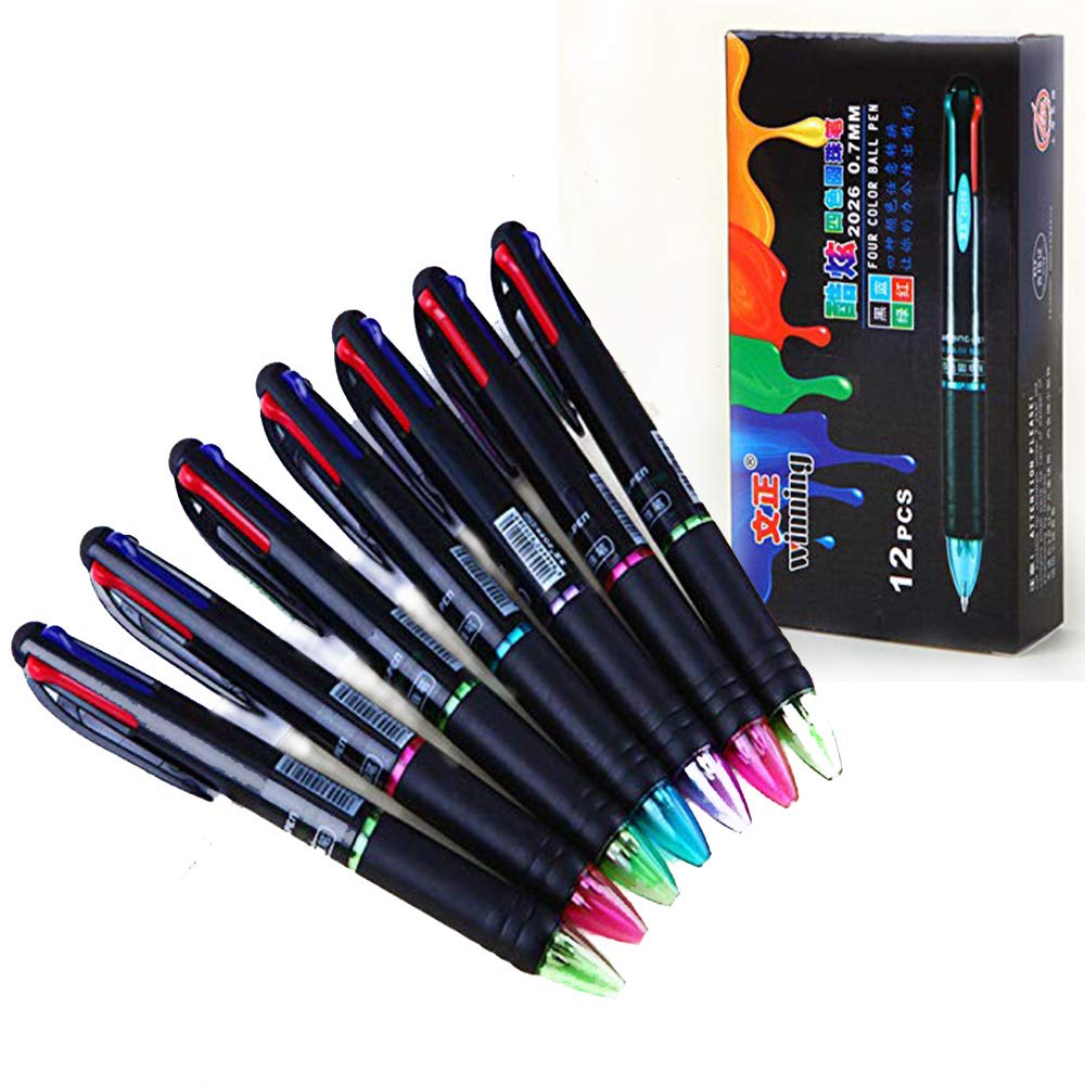 12 Pack Multicolor Pen Retractable 0.7mm 4 Color Ink(Black, Blue, Red, Green) in One Ballpoint Pens for Smooth Writing - By TSAOYA