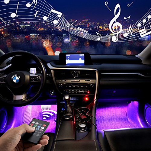 Car LED strip light, RGB 4pcs 48LED Multicolor Music Car Interior Lights Under Dash Lighting waterproof Kit with Sound Active Function and Wireless Remote Control,USB, DC 12V