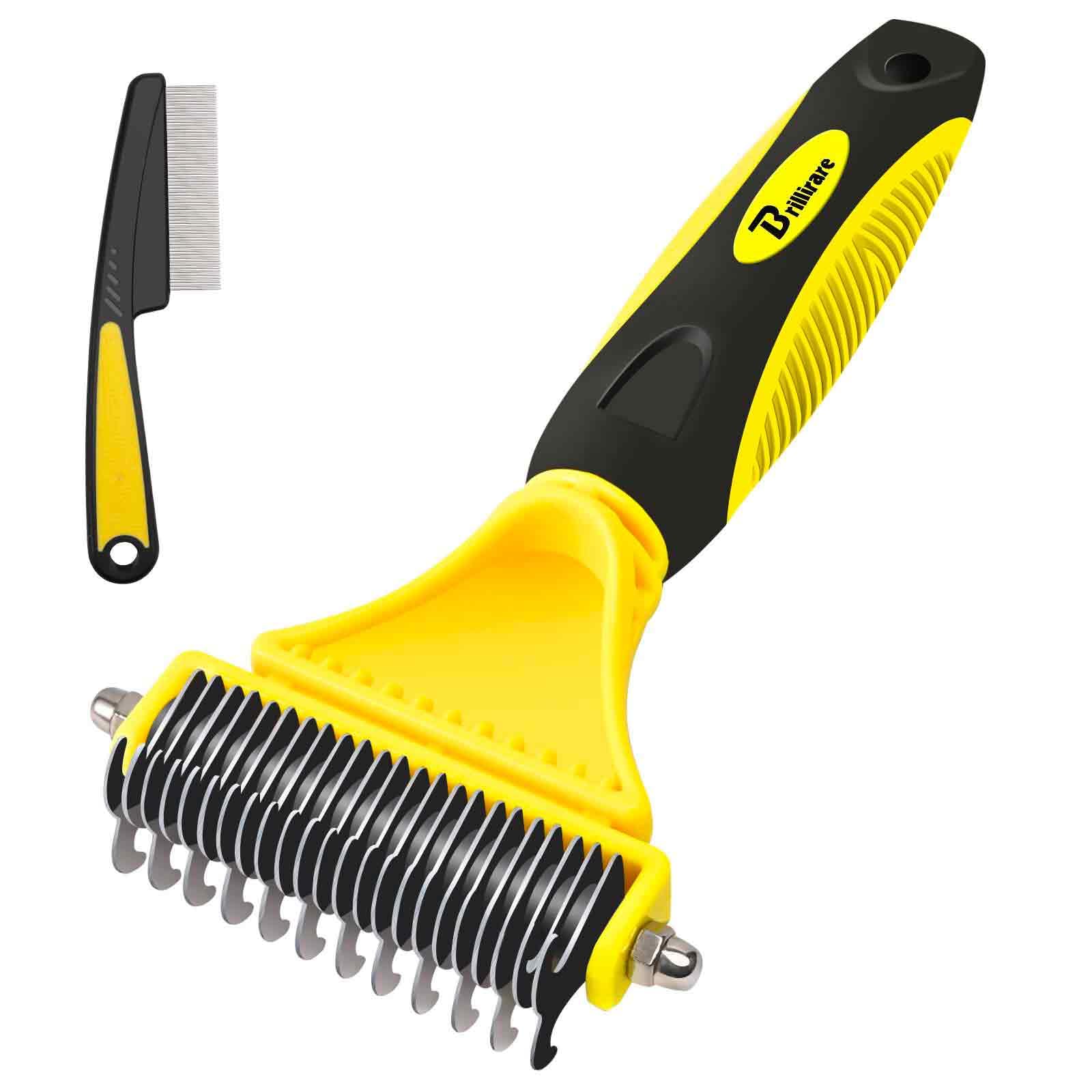 Brillirare Dematting Brush Tool + Stainless-Steel Comb, Pet Grooming Tool, 2 Sided Undercoat Blade Rake for Cat Dog, Deshedding Comb for Easy Mats & Tangles Removing, No Nasty Shedding & Flying Hair