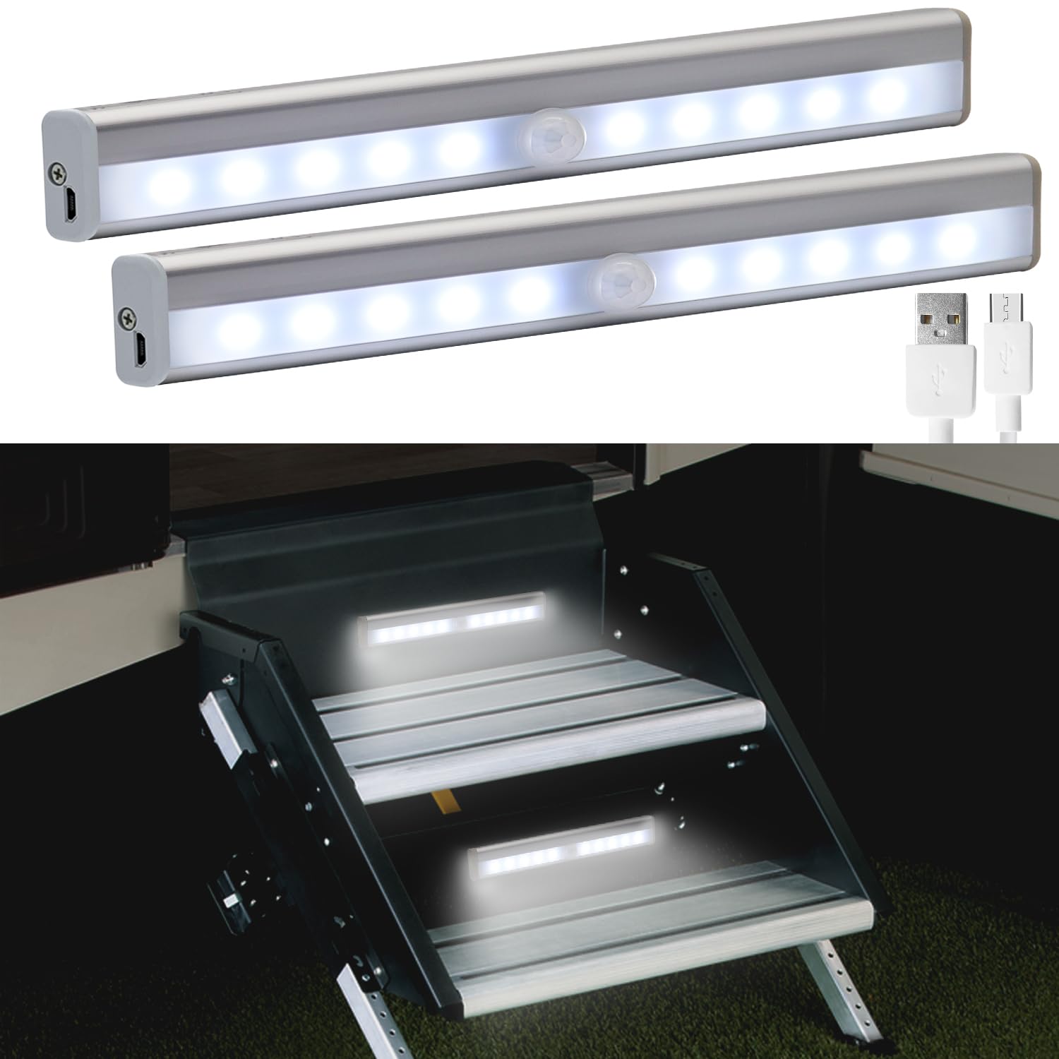 Photo 1 of CCBASEBALL Motion Activated RV Step Lights, 10 LED USB Rechargeable RV Motion Sensor Led Light Strip, Wireless Magnetic Camper Step Lights Bar for Motorhome Travel,Travel Trailers, Camper (2 Pack)