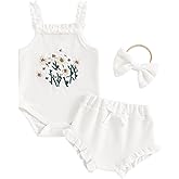 Kavousa Newborn Baby Girl Summer Clothes Floral Embroidery Hater Romper Bloomers Shorts Set Headband Cute Baby Girl Outfit