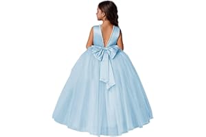 MCieloLuna Flower Girls Dresses for Wedding Satin Tulle Princess Pageant Dress Kids Pearls Prom Ball Gowns with Bow-Knot