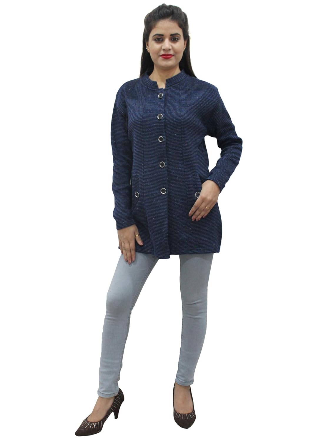 matelco womens woollen grey stripes buttoned cardigan/coat with pockets