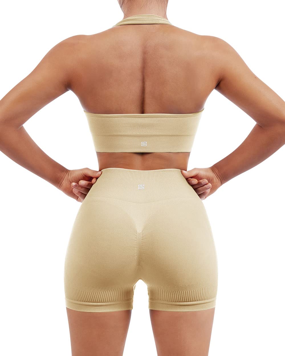 Photo 1 of SUUKSESS Women Two Piece Seamless Ribbed Workout Sets Outfits Backless Halter Sports Bra Booty Biker Shorts (Beige, S)