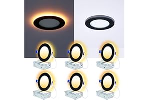 CycevSun 6 Pack Black Recessed Lights 4 Inch with Night Light, Canless Ultra Thin Wafer Downlight Pot Outdoor Exterior Soffit Lighting, Dimmable & 5 Color Selectable, 9W, ETL & Energy Star