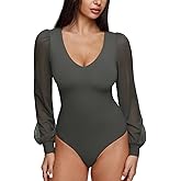 REORIA Womens Mesh Long Sleeve Bodysuit Double Lined V Neck Slimming Body Suits Sexy Cute Going Out Tops Shirts Fall Outfits
