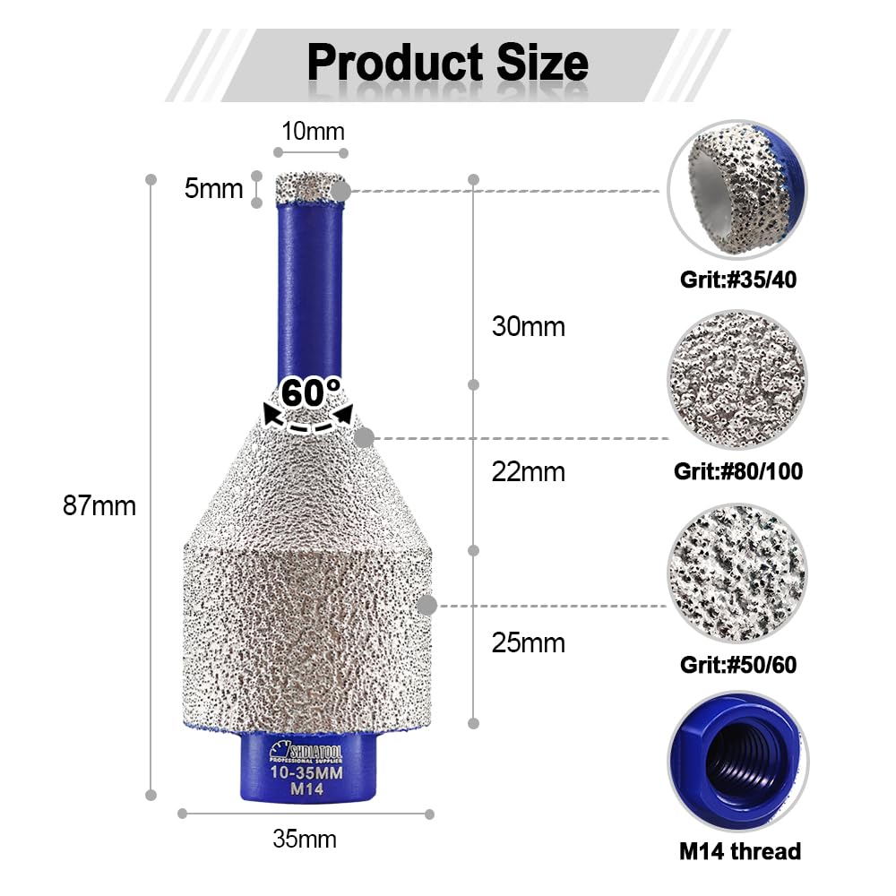 SHDIATOOL Diamantbohrer für Harte Fliesen Finger Fräsen Bits Diamant-Fasenbohrer M14 Gewinde Shaping Schleifen Anschrägung Keramik Fliesen Granit Vergrößern Fase Löcher Säge, 10-35mm 2