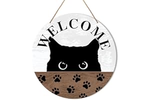 MUKTOUJAUMAI Black Cat Welcome Sign Front Door Decor, Welcome Round Wood Hanging Sign Decor Farmhouse Wall Sign Decorations for Door, Porch, Home, Housewarming Gift for New House Cat Lover Cat Mom Dad Owner