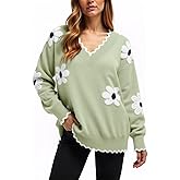 Cute Fall Flower Sweaters for Women, Casual Long Sleeve Pullover V Neck Lightweight Crochet Chunky Knit Pullover Jumper Tops