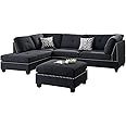 Poundex Bobkona Viola Linen-Like Polyfabric Left or Right Hand Chaise Sectional Set with Ottoman (Pack of 3), Black
