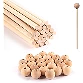25PCS Wooden Dowel Rods and 25PCS Dowel Caps, 1/4" Diameter x 12" Length Cake Dowel Rods Wooden Lollipops and 1" Diameter with 1/4" Hole Wood Dowel Caps for Crafts and DIYers,Set of 50