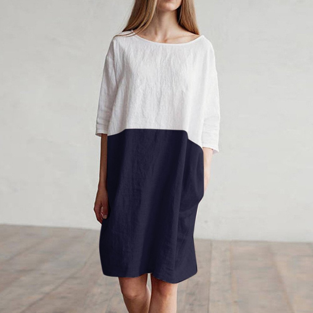 POTO Women Dresses, Loose Color Stitching Casual Dresses with Pockets Cotton Linen Tunic Dress Party Dress Beach Dress