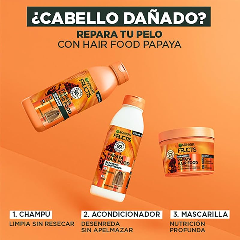 Garnier Fructis Hair Food Pack, champô de papaia, amaciador e máscara, desembaraçantes, reparação intensiva de cabelo danificado, 98% de ingredientes Origem natural, vegan, embalagem sem silicone de 350ml e 400ml