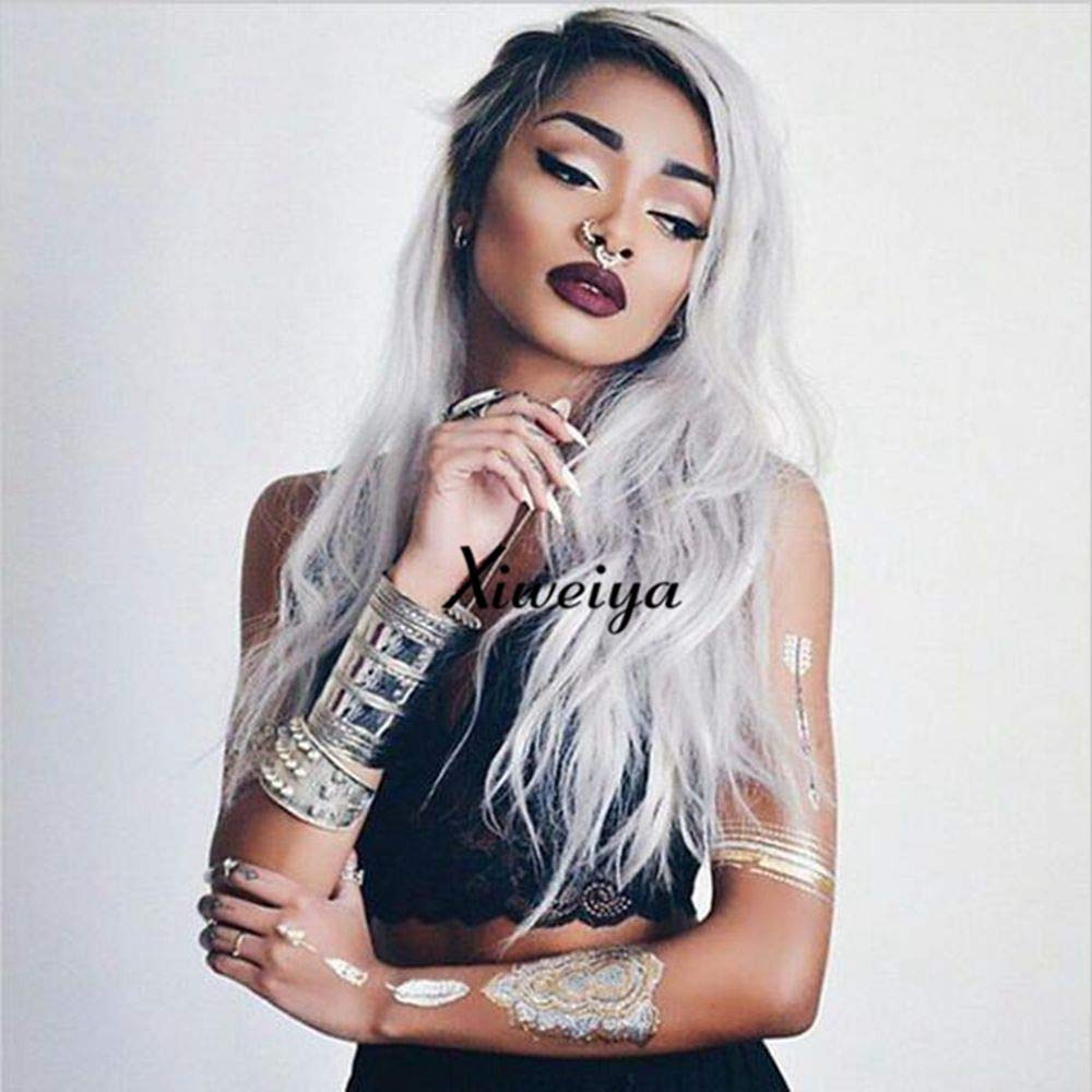 Xiweiya Ombre Grey Wigs Long Silky Straight Hair Short Dark Roots Synthetic Lace Front Wigs For Women Heat Resistant Fiber Long Hair Middle Parting For Women Hair
