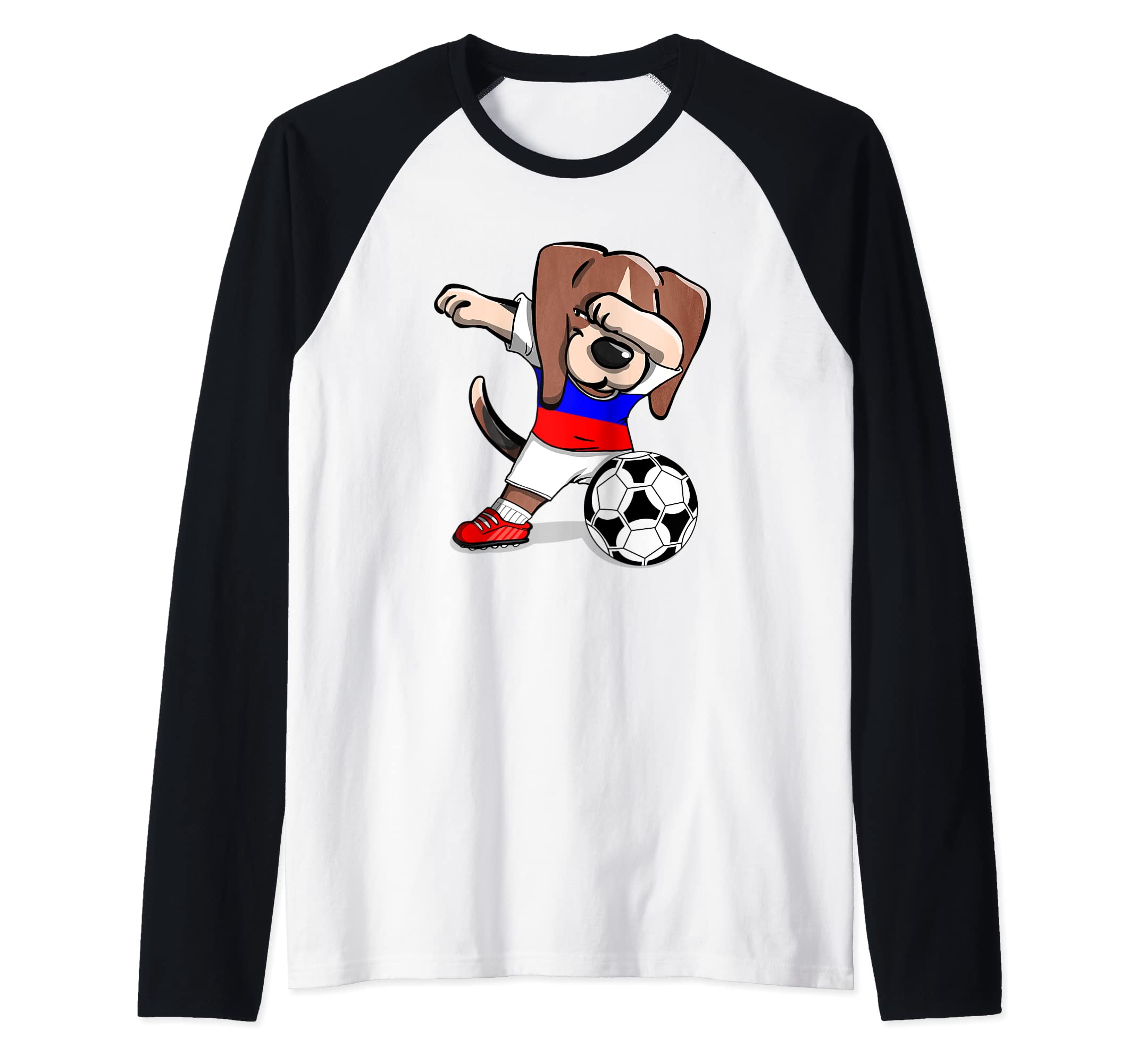 Funny Dabbing Beagle Dog Russia Football Russian Flag Soccer Raglan Baseball Tee
