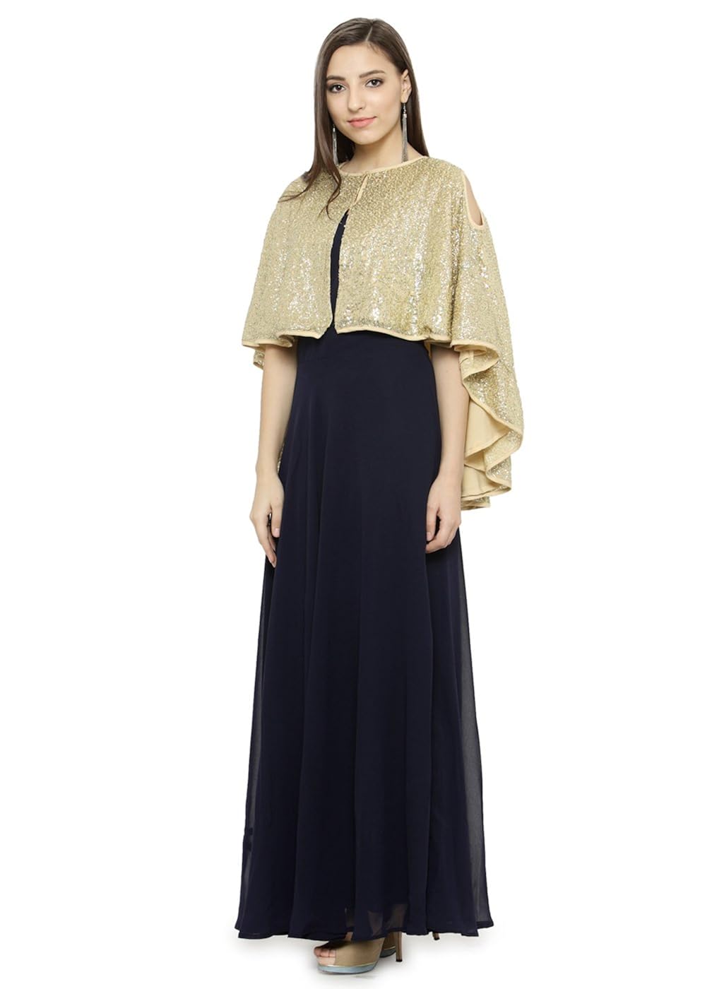 just wow navy blue & golden poly georgette women's dress
