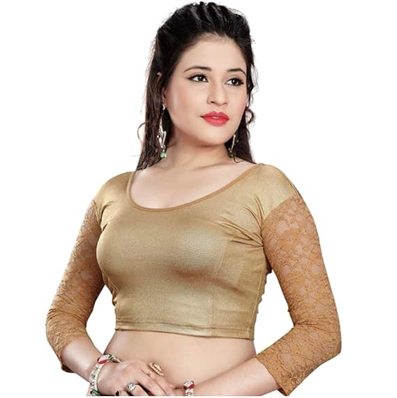Golden Lycra Stretchable Readymade Blouse for Women Long Sleeve with Net with Stitched Ladies Fancy Saree Choli Deep Blouse