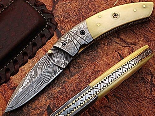 Prime Quality Custom Made Damascus Steel Camel Bone Handle Folding Pocket Knife W/Case