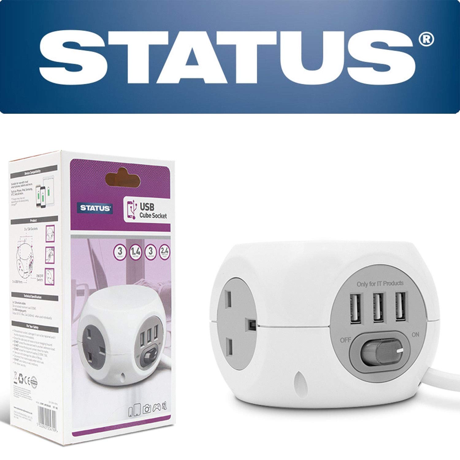 Status White Cube Socket | 3 Way Cube with 3 USB Adapter Socket | 1.4m Extension Lead | S3W1.4M3XUSB1PK6