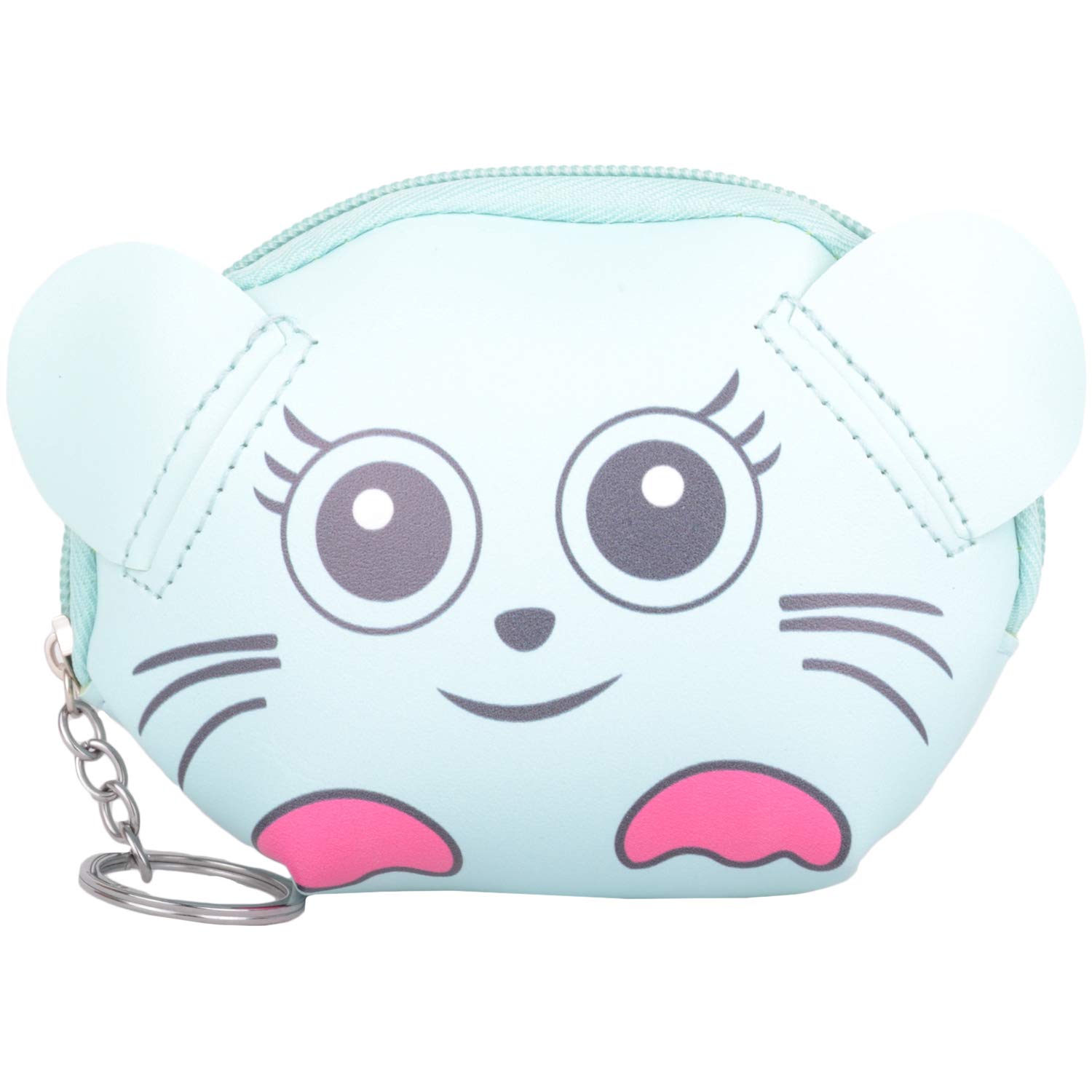 Childrens/Kids/Girls Zip Around Faux Leather Animal Coin Money Holder Purse with Key Ring - Light Blue Cat
